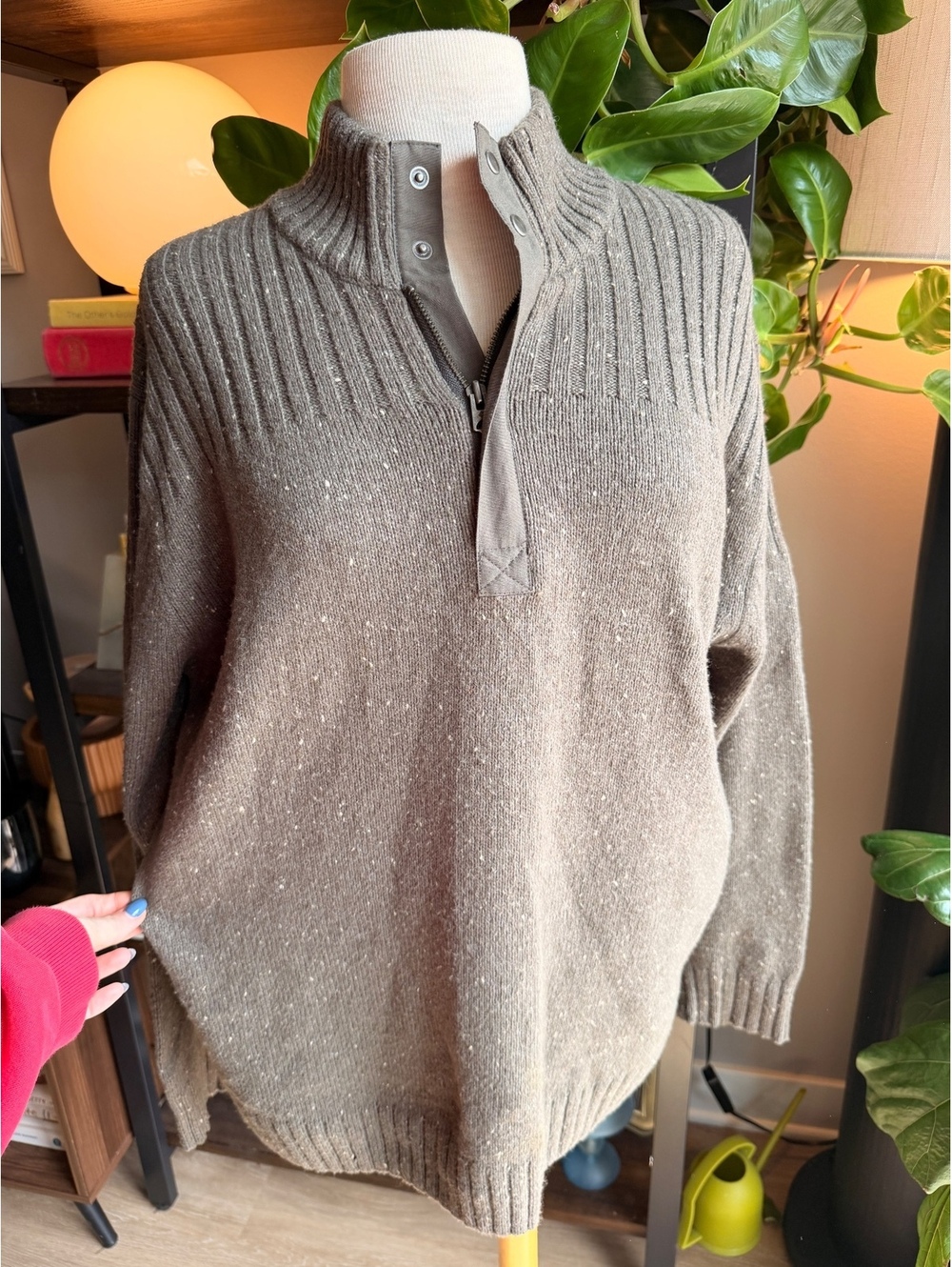 Columbia Men's Medium Brown Speckled Pullover Quarter Zip Sweater w/ Snap Collar